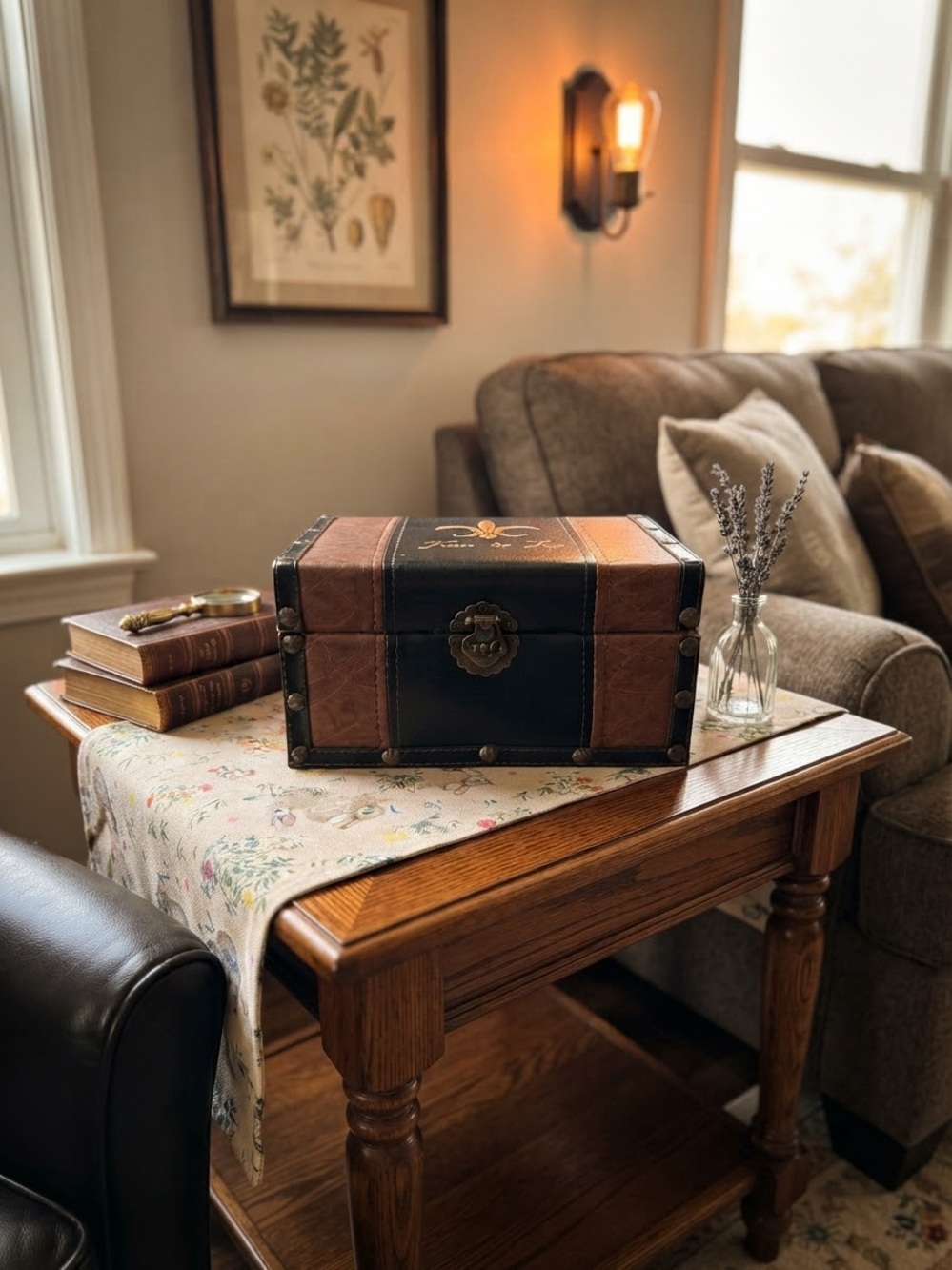 Vintage-Style Brown & Black- Fleur-de-Lis embroidered on the top lid decor box